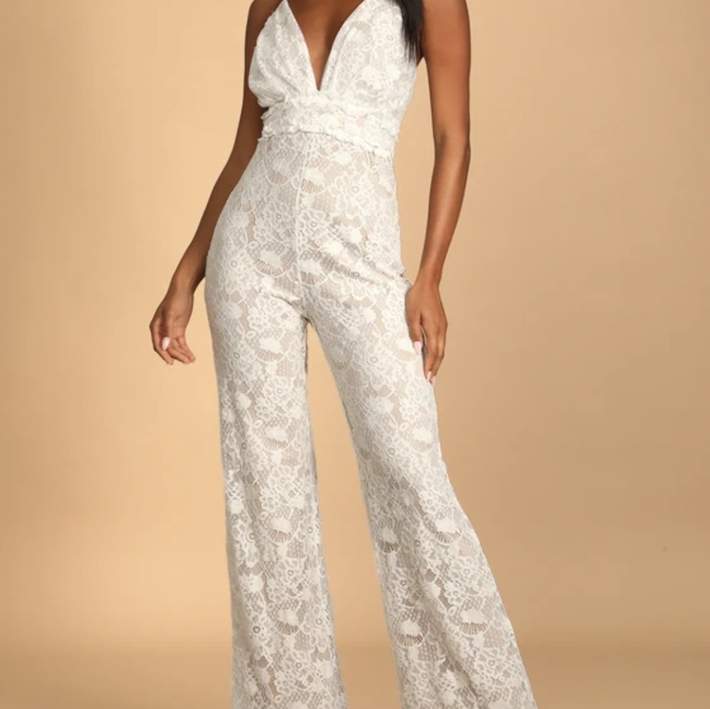 Lulu's Always Love You Beige and White Lace Wide-Leg Jumpsuit XS